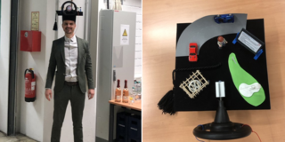 Herr Gonschorek mit Doktorhut und Hut von oben