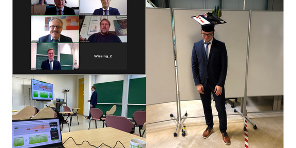 Herr Wissing mit Doktorhut und in der Prüfung