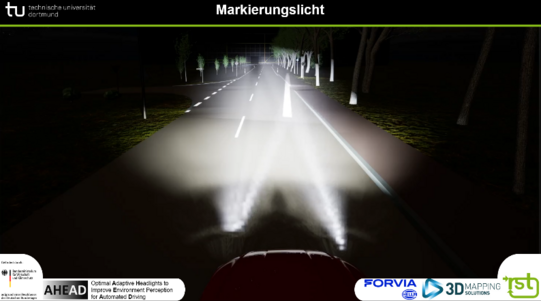 Darstellung von Markierungslicht auf einer Straße bei Nacht