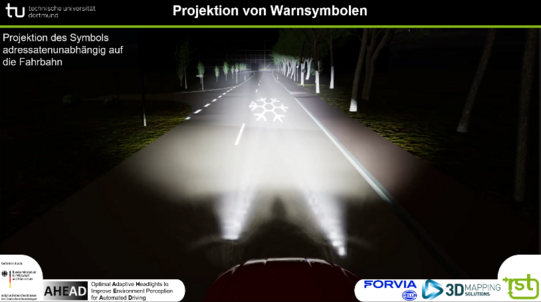 Projektion von Warnsymbolen auf Fahrbahn